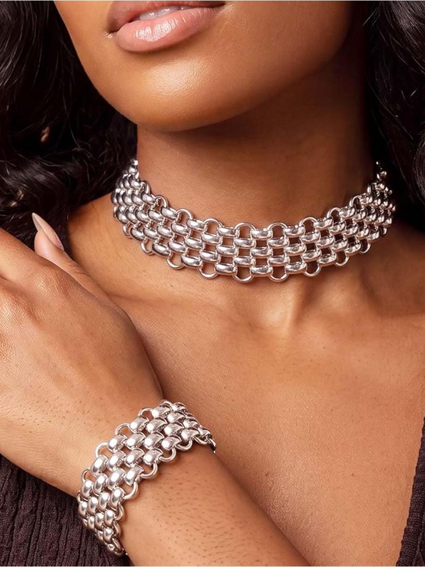 New Anthropologie Silver Color Multi-Row Chain Choker And Bracelet Set